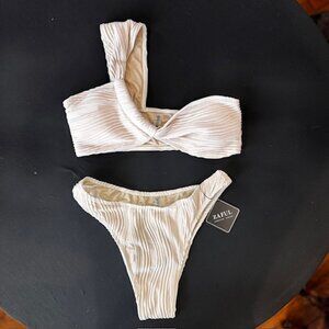 One Shoulder Twisted Ruched Beige Bikini Set - Medium